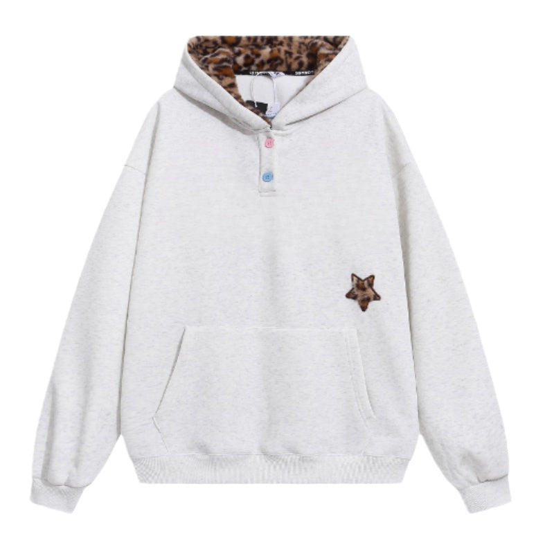 Street Style Gray Hoodie with Embroidered Leopard