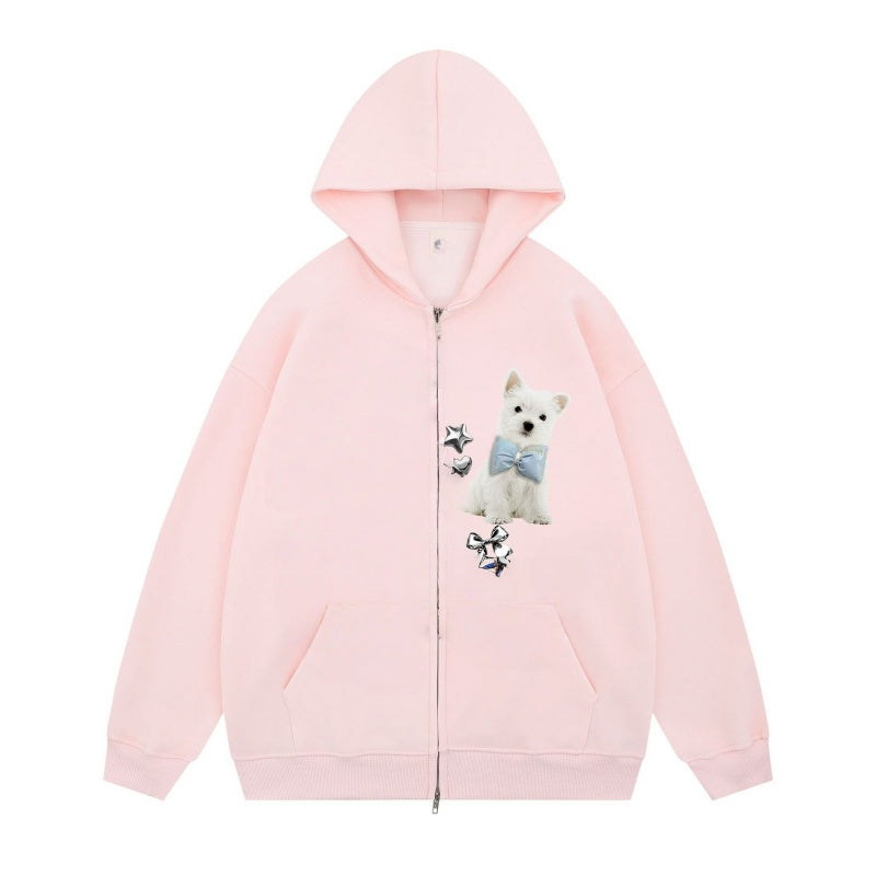 Playful Puppy Print Sweet Pink Hoodie
